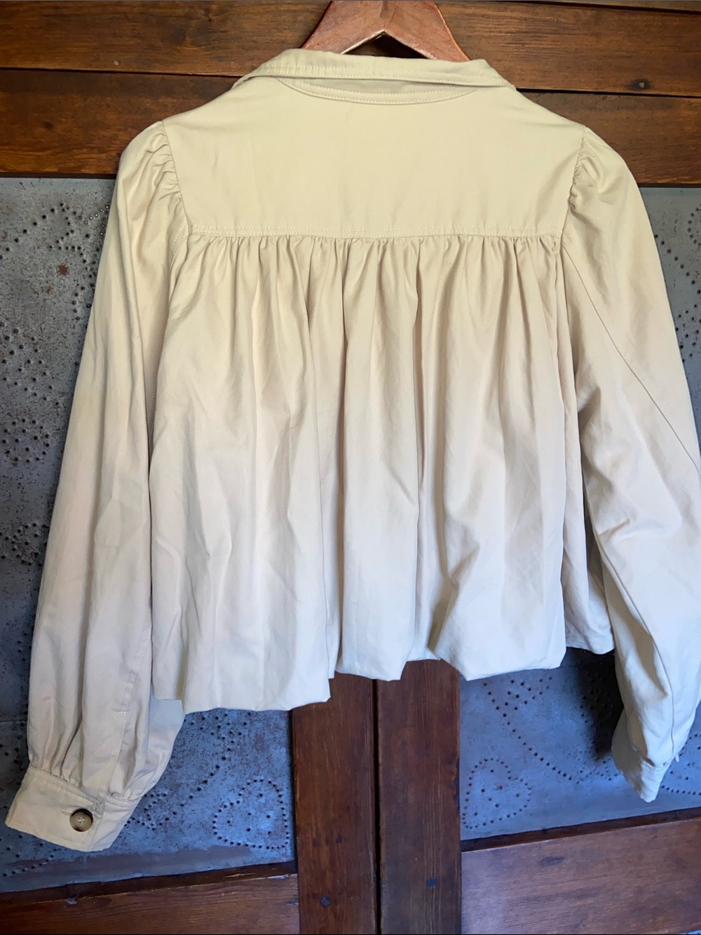 Aaron & Amber Bubble Tan Khaki Gathered Gabardine Jacket Size S - Picture 9 of 11